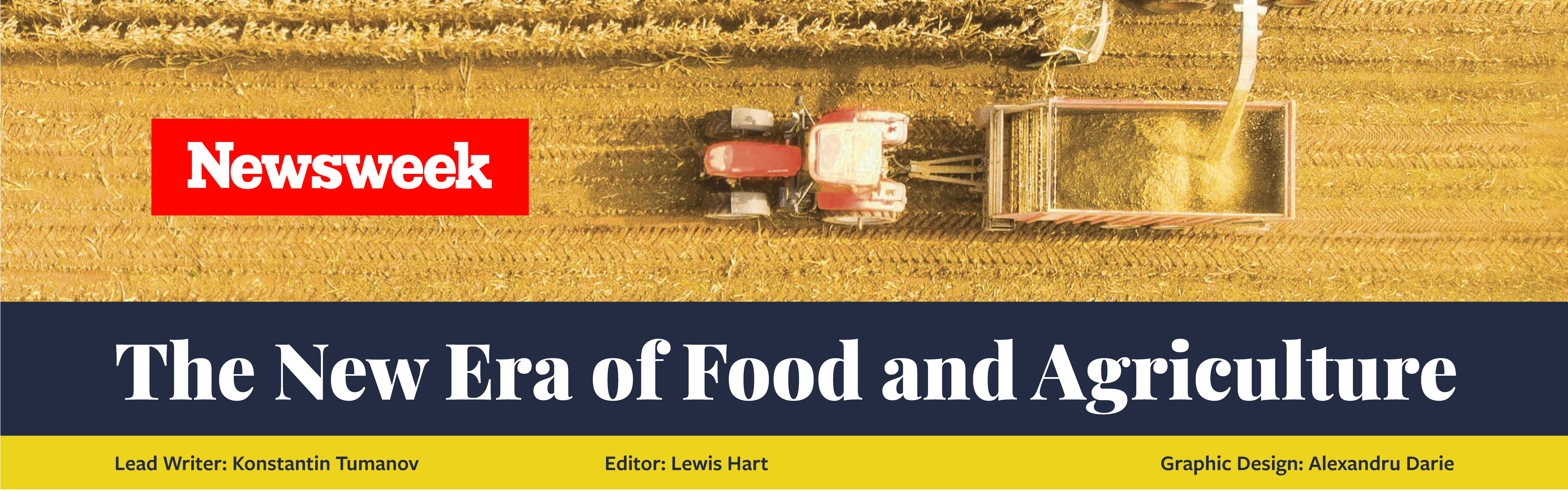 Image of grain harvest with text Newsweek The New Era of Food and Agriculture