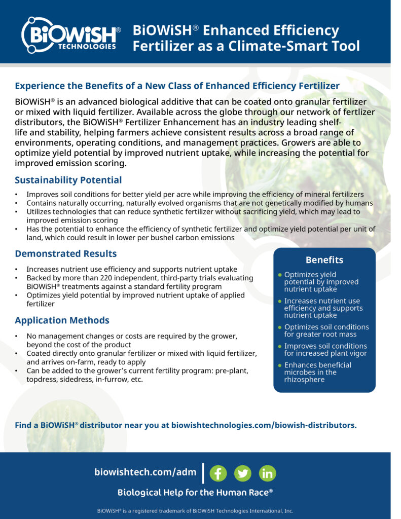 thumbnail image of flyer document titled BiOWiSH<sup>®</sup> Enhanced Efficiency Fertilizer as a Climate-Smart Tool